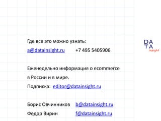 D
insight
AT
A
Где все это можно узнать:
a@datainsight.ru +7 495 5405906
Еженедельно информация о ecommerce
в России и в мире.
Подписка: editor@datainsight.ru
Борис Овчинников b@datainsight.ru
Федор Вирин f@datainsight.ru
 