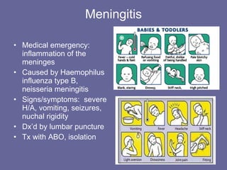 Meningitis Medical emergency:  inflammation of the meninges Caused by Haemophilus influenza type B, neisseria meningitis Signs/symptoms:  severe H/A, vomiting, seizures, nuchal rigidity Dx’d by lumbar puncture Tx with ABO, isolation 