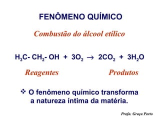 FENÔMENO QUÍMICO

    Combustão do álcool etílico

H3C- CH2- OH + 3O2 → 2CO2 + 3H2O

  Reagentes               Produtos

  O fenômeno químico transforma
   a natureza íntima da matéria.
                             Profa. Graça Porto
 