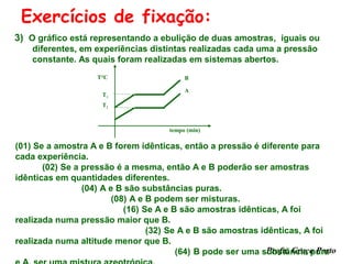 Exercícios de fixação:
3) O gráfico está representando a ebulição de duas amostras, iguais ou
    diferentes, em experiências distintas realizadas cada uma a pressão
    constante. As quais foram realizadas em sistemas abertos.
                    T°C                    B

                                           A
                      T1
                      T2



                                      tempo (min)

(01) Se a amostra A e B forem idênticas, então a pressão é diferente para
cada experiência.
       (02) Se a pressão é a mesma, então A e B poderão ser amostras
idênticas em quantidades diferentes.
                 (04) A e B são substâncias puras.
                         (08) A e B podem ser misturas.
                            (16) Se A e B são amostras idênticas, A foi
realizada numa pressão maior que B.
                                  (32) Se A e B são amostras idênticas, A foi
realizada numa altitude menor que B.
                                                               Profa. Graça Porto
                                         (64) B pode ser uma substância pura
 