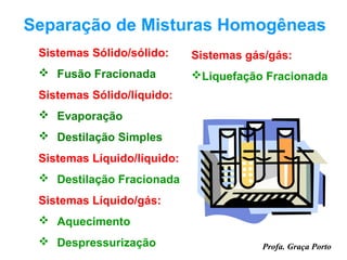 Separação de Misturas Homogêneas
 Sistemas Sólido/sólido:     Sistemas gás/gás:
  Fusão Fracionada          Liquefação Fracionada
 Sistemas Sólido/líquido:
  Evaporação
  Destilação Simples
 Sistemas Líquido/líquido:
  Destilação Fracionada
 Sistemas Líquido/gás:
  Aquecimento
  Despressurização                      Profa. Graça Porto
 