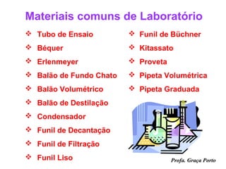 Materiais comuns de Laboratório
 Tubo de Ensaio          Funil de Büchner
 Béquer                  Kitassato
 Erlenmeyer              Proveta
 Balão de Fundo Chato    Pipeta Volumétrica
 Balão Volumétrico       Pipeta Graduada
 Balão de Destilação
 Condensador
 Funil de Decantação
 Funil de Filtração
 Funil Liso                         Profa. Graça Porto
 