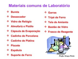 Materiais comuns de Laboratório
 Bureta                   Garras
 Dessecador               Tripé de Ferro
 Vidro de Relógio         Tela de Amianto
 Almofariz e Pistilo      Bastão de Vidro
 Cápsula de Evaporação    Frasco de Reagente
 Cadinho de Porcelana
 Cadinho de Platina
 Piscete
 Espátula
 Suporte de Ferro                   Profa. Graça Porto
 