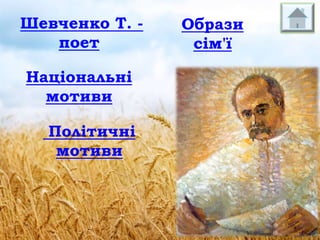 Шевченко Т. поет
Національні
мотиви
Політичні
мотиви

Образи
сім'ї

 