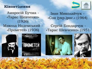 Кіновтілення
Амвросій Бучма Іван Миколайчук «Тарас Шевченко»
«Сон (укр.)рос.» (1964)
(1926)
Микола Надемський Сергій Бондарчук «Прометей» (1936)
«Тарас Шевченко» (1951)

 