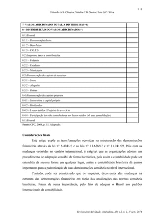 111
Eduardo A.S. Oliveira; Natalia C.G. Santos; Lais A.C. Silva
Revista InterAtividade, Andradina, SP, v.2, n. 1, 1º sem. 2014
7- VALOR ADICIONADO TOTAL A DISTRIBUIR (5+6)
8 – DISTRIBUIÇÃO DO VALOR ADICIONADO (*)
8.1) Pessoal
8.1.1 – Remuneração direta
8.1.2 – Benefícios
8.1.3 – F.G.T.S
8.2) Impostos, taxas e contribuições
8.2.1 – Federais
8.2.2 – Estaduais
8.2.3 – Municipais
8.3) Remuneração de capitais de terceiros
8.3.1 – Juros
8.3.2 – Aluguéis
8.3.3 – Outras
8.4) Remuneração de capitais próprios
8.4.1 – Juros sobre o capital próprio
8.4.2 – Dividendos
8.4.3 – Lucros retidos / Prejuízo do exercício
8.4.4 – Participação dos não controladores nos lucros retidos (só para consolidação)
8.1) Pessoal
Fonte: CPC, 2008, p. 15, Adaptado.
Considerações finais
Este artigo expõe as transformações ocorridas na estruturação das demonstrações
financeiras através da lei n° 6.404/76 e as leis n° 11.638/07 e n° 11.941/09. Pois com as
mudanças ocorridas no cenário internacional, é exigível que as organizações adotem um
procedimento de adaptação contábil de forma harmônica, pois assim a contabilidade pode ser
entendida da mesma forma em qualquer lugar, assim a contabilidade brasileira dá passos
importantes para a padronização de suas demonstrações contábeis no nível internacional.
Contudo, pode ser considerado que os impactos, decorrentes das mudanças na
estrutura das demonstrações financeiras em razão das atualizações nas normas contábeis
brasileiras, foram de suma importância, pelo fato de adequar o Brasil aos padrões
Internacionais da contabilidade.
 