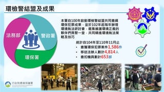 10
環檢警結盟及成果
本署自100年啟動環檢警結盟共同查緝
環保犯罪成果，並於102年起每年辦理
環境執法研討會，邀集維護環境正義的
夥伴們齊聚一堂，共同精進環境執法策
略及技巧
環保署
法務部 警政署
統計自104年至110年11月止
• 查獲環保犯罪案件1,586件
• 移送法辦人數計4,814人
• 查扣機具數計653部
 