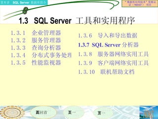 1.3  SQL Server  工具和实用程序  1.3.1  企业管理器 1.3.2  服务管理器 1.3.3  查询分析器 1.3.4  分布式事务处理协调器 1.3.5  性能监视器 1.3.6  导入和导出数据 1.3.7   SQL Server  分析器 1.3.8  服务器网络实用工具 1.3.9  客户端网络实用工具 1.3.10  联机帮助文档 