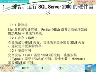 1 、安装、运行 SQL Server 2000 的硬件需求 （ 1 ）计算机 Inter 及其兼容计算机， Pentium 166Mz 或者更高处理器或 DEC Alpha 和其兼容系统。 （ 2 ）内存（ RAM ） 企业版最少 64MB 内存，其他版本最少需要 32MB 内存，建议使用更多的内存。 （ 3 ）硬盘空间 完全安装（ Full ）需要 180MB 的空间，典型安装（ Typical ）需要 170MB 的空间，最小安装（ Minimum ）需要 65MB 的空间。 