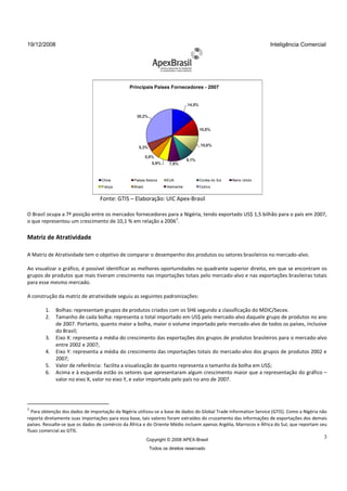 19/12/2008                                                                                                            Inteligência Comercial




                                                Principais Países Fornecedores - 2007


                                                                                14,5%

                                                   30,2%


                                                                                        10,8%


                                                                                        10,6%
                                                     5,3%

                                                           5,8%
                                                                                9,1%
                                                              5,9%    7,8%


                                  China           Países Baixos      EUA                Coréia do Sul   Reino Unido
                                  França          Brasil             Alemanha           Outros


                                  Fonte: GTIS – Elaboração: UIC Apex-Brasil

O Brasil ocupa a 7ª posição entre os mercados fornecedores para a Nigéria, tendo exportado US$ 1,5 bilhão para o país em 2007,
                  ª                                                      ,
                                                              1
o que representou um crescimento de 10,1 % em relação a 2006 .

Matriz de Atratividade

A Matriz de Atratividade tem o objetivo de comparar o desempenho dos produtos ou setores brasileiros no mercado-alvo.
                                                                                                        mercado

Ao visualizar o gráfico, é possível identificar as melhores oportunidades no quadrante superior direito, em que se encontram os
                   fico,
grupos de produtos que mais tiveram crescimento nas importações totais pelo mercado alvo e nas exportações brasileiras totais
                                                                                mercado-alvo
para esse mesmo mercado.

A construção da matriz de atratividade seguiu as seguintes padronizações:

        1.   Bolhas: representam grupos de produtos criados com os SH6 segundo a classificação do MDIC/Secex.
        2.   Tamanho de cada bolha: representa o total importado em US$ pelo mercado alvo daquele grupo de produtos no ano
                                                                                   mercado-alvo
             de 2007. Portanto, quanto maior a bolha, maior o volume importado pelo mercado
                                                                                         mercado-alvo de todos os países, inclusive
             do Brasil;
        3.   Eixo X: representa a média do crescimento das exportações dos grupos de produtos brasileiros para o mercado-alvo
             entre 2002 e 2007;
        4.   Eixo Y: representa a média do crescimento das importações totais do mercado alvo dos grupos de produtos 2002 e
                                                                                      mercado-alvo
             2007;
        5.   Valor de referência: facilita a visualização de quanto representa o tamanho da bolha em US$;
        6.   Acima e à esquerda estão os setores que apresentaram algum crescimento maior que a representação do gráfico –
             valor no eixo X, valor no eixo Y, e valor imp
                                                       importado pelo país no ano de 2007.




1
  Para obtenção dos dados de importação da Nigéria utilizou-se a base de dados do Global Trade Information Service (GTIS). Como a Nigéria não
                                          a                 se                                                     (GTIS)
reporta diretamente suas importações para essa base, tais valores foram extraídos do cruzamento das informações de exportações dos demais
                                                                  foram
países. Ressalte-se que os dados de comércio da África e do Oriente Médio incluem apenas Argélia, Marrocos e África do Sul, que reportam seu
                         s
fluxo comercial ao GTIS.
                                                           Copyright © 2008 APEX-Brasil
                                                                                                                                           3
                                                            Todos os direitos reservado
 