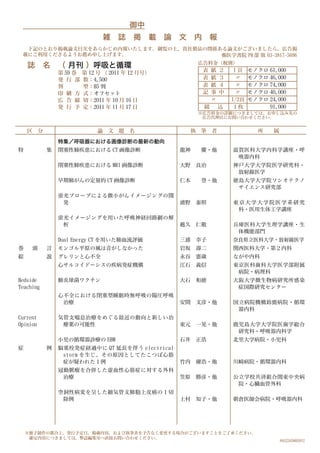 御中
                                     雑 誌 掲        載   論 文    内 報
  下記のとおり掲載論文目次をあらかじめ内報いたします。御覧の上，貴社製品の関係ある論文がございましたら，広告掲
 載にご利用くださるようお薦め申し上げます。
                                                                広告料金（税別）
    誌       名 （ 月刊 ）呼吸と循環
                    第 59 巻   第 12 号 （ 2011 年 12 月号）              表   紙   ２    1頁    モノクロ 61,000
                    発 行 部    数：4,500                             表   紙   ３     〃    モノクロ 46,000
                    判        型：B5 判                              表   紙   ４     〃    モノクロ 74,000
                    印 刷 方    式：オフセット                             記   事   中    〃     モノクロ 40,000
                    広 告 締    切：2011 年 10 月 16 日                      〃       1/2頁   モノクロ 24,000
                    発 行 予    定：2011 年 11 月 17 日                  綴       込   １枚          91,000
                                                                ※広告料金の詳細につきましては、お申し込み先の
                                                                 広告代理店にお問い合わせください。


    区       分                    論   文   題   名              執   筆 者                   所    属

                    特集／呼吸器における画像診断の最新の動向
特               集   閉塞性肺疾患における CT 画像診断                  龍神       慶・他         滋賀医科大学内科学講座・呼
                                                                              吸器内科
                    閉塞性肺疾患における MRI 画像診断                 大野 良治                神戸大学大学院医学研究科・
                                                                              放射線医学
                    早期肺がんの定量的 CT 画像診断                   仁木       登・他         徳島大学大学院ソシオテクノ
                                                                              サイエンス研究部
                    蛍光プローブによる微小がんイメージングの開
                     発                                  浦野 泰照                東京大学大学院医学系研究
                                                                              科・医用生体工学講座
                    蛍光イメージングを用いた呼吸神経回路網の解
                     析                                  越久      仁敬           兵庫医科大学生理学講座・生
                                                                              体機能部門
                    Dual Energy CT を用いた肺血流評価            三浦 幸子                奈良県立医科大学・放射線医学
巻       頭       言   モンゴル平原の風は音がしなかった                    岩坂      壽二           関西医科大学・第２内科
綜               説   グレリンと心不全                            永谷      憲歳           ながや内科
                    心サルコイドーシスの疾病発症機構                    江石      義信           東京医科歯科大学医学部附属
                                                                              病院・病理科
Bedside             肺炎球菌ワクチン                            大石      和徳           大阪大学微生物病研究所感染
Teaching                                                                      症国際研究センター
                    心不全における閉塞型睡眠時無呼吸の陽圧呼吸
                     治療                                 安間      文彦・他         国立病院機構鈴鹿病院・循環
                                                                              器内科
Current             気管支喘息治療をめぐる最近の動向と新しい治
Opinion              療薬の可能性                             東元      一晃・他         鹿児島大学大学院医歯学総合
                                                                              研究科・呼吸器内科学
                    小児の循環器診療の EBM                       石井      正浩           北里大学病院・小児科
症               例   脳塞栓発症経過中に QT 延長を伴う electrical
                     storm を生じ、その原因としてたこつぼ心筋
                     症が疑われた１例                           竹内      庸浩・他         川崎病院・循環器内科
                    冠動脈瘤を合併した虚血性心筋症に対する外科
                     治療                                 笠原      勝彦・他         公立学校共済組合関東中央病
                                                                              院・心臓血管外科
                    空洞性病変を呈した細気管支肺胞上皮癌の１切
                     除例                                 上村      知子・他         朝倉医師会病院・呼吸器内科




    ※冊子制作の都合上，発行予定日，掲載内容，および執筆者を予告なく変更する場合がございますことをご了承ください。
     確定内容につきましては，弊誌編集室へ直接お問い合わせください。
                                                                                               0452345805912
 