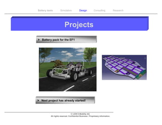 Battery tests        Simulation             Design           Consulting            Research




                          Projects
 Battery pack for the EF1




 Next project has already started!



                                  © LION E-Mobility AG
           All rights reserved. Confidential Business / Proprietary Information.
 