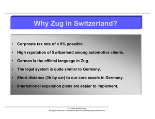 Why Zug in Switzerland?

•   Corporate tax rate of < 8% possible.

•   High reputation of Switzerland among automotive clients.

•   German is the official language in Zug.

•   The legal system is quite similar to Germany.

•   Short distance (3h by car) to our core assets in Germany.

•   International expansion plans are easier to implement.




                                            © LION E-Mobility AG
                     All rights reserved. Confidential Business / Proprietary Information.
 