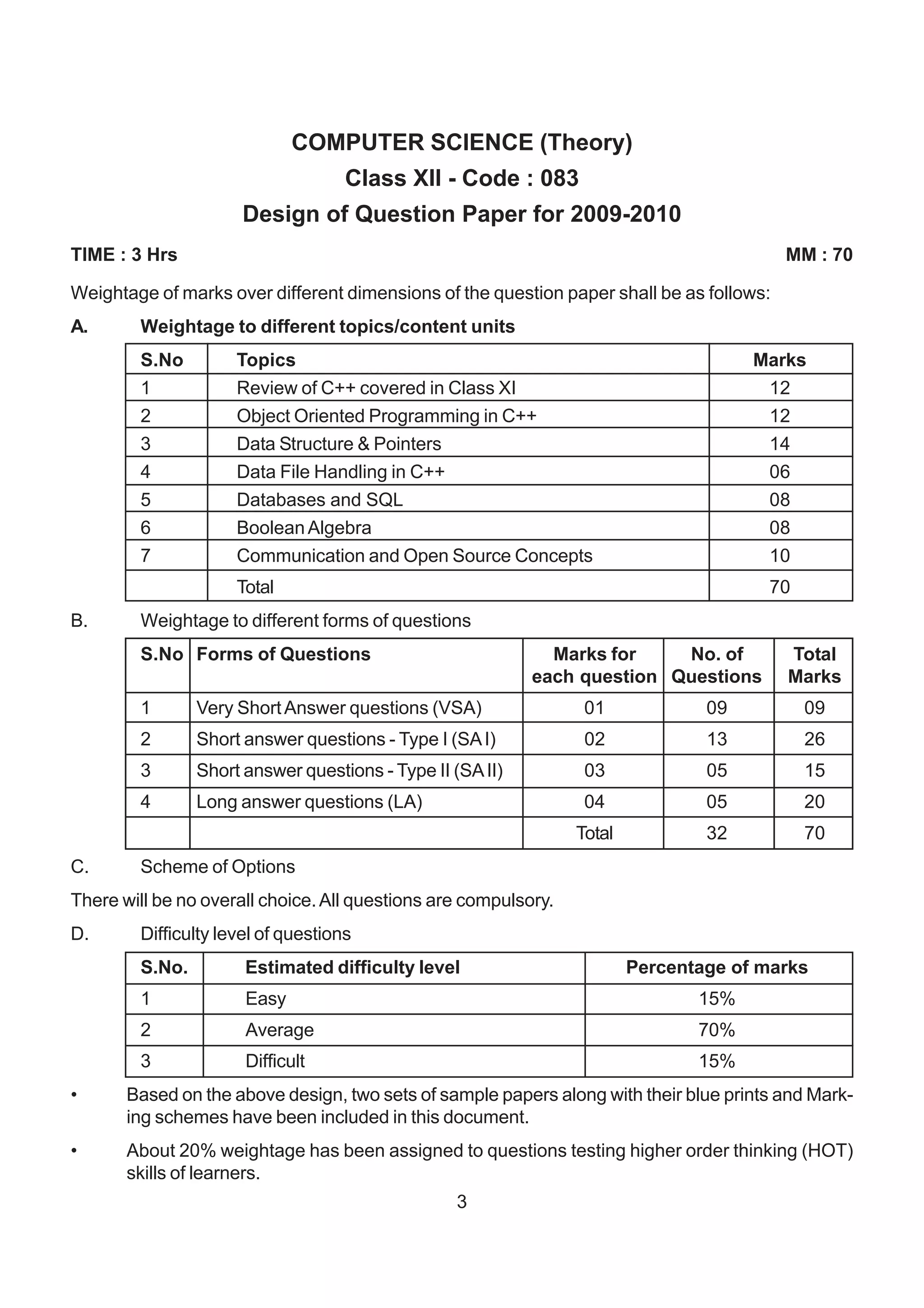COMPUTER SCIENCE (Theory)
                                    Class XII - Code : 083
                      Design of Question Paper for 2009-2010
TIME : 3 Hrs                                                                              MM : 70

Weightage of marks over different dimensions of the question paper shall be as follows:
A.      Weightage to different topics/content units
        S.No         Topics                                                           Marks
        1            Review of C++ covered in Class XI                                 12
        2            Object Oriented Programming in C++                                12
        3            Data Structure & Pointers                                         14
        4            Data File Handling in C++                                         06
        5            Databases and SQL                                                 08
        6            Boolean Algebra                                                   08
        7            Communication and Open Source Concepts                            10
                     Total                                                             70
B.      Weightage to different forms of questions
        S.No Forms of Questions                              Marks for    No. of          Total
                                                           each question Questions        Marks
        1       Very Short Answer questions (VSA)                 01             09         09
        2       Short answer questions - Type I (SA I)            02             13         26
        3       Short answer questions - Type II (SA II)          03             05         15
        4       Long answer questions (LA)                        04             05         20
                                                                 Total           32         70
C.      Scheme of Options
There will be no overall choice. All questions are compulsory.
D.      Difficulty level of questions
        S.No.         Estimated difficulty level                         Percentage of marks
        1             Easy                                                      15%
        2             Average                                                   70%
        3             Difficult                                                 15%
•      Based on the above design, two sets of sample papers along with their blue prints and Mark-
       ing schemes have been included in this document.
•      About 20% weightage has been assigned to questions testing higher order thinking (HOT)
       skills of learners.
                                                 3
 