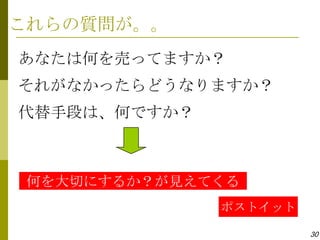 これらの質問が。。
あなたは何を売ってますか？
それがなかったらどうなりますか？
代替手段は、何ですか？



 何を大切にするか？が見えてくる
              ポストイット

                       30
 