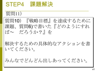 STEP4 課題解決
質問11）
質問10）『戦略目標』を達成するために
課題、質問6)で書いた『どのようにすれ
ば～ だろうか？』を

解決するための具体的なアクションを書
いてください。

みんなでどんどん出しあってください。
                      41
 