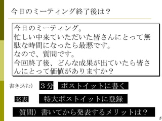 今日のミーティング終了後は？

今日のミーティング。
忙しい中来ていただいた皆さんにとって無
駄な時間になったら最悪です。
なので、質問です。
今回終了後、どんな成果が出ていたら皆さ
んにとって価値がありますか？
書き込む）   ３分   ポストイットに書く
 発表     特大ポストイットに登録
 質問）書いてから発表するメリットは？
                         5
 