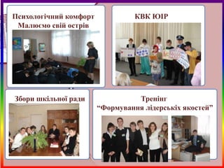 Психологічний комфорт             КВК ЮІР
 Малюємо свій острів




Збори шкільної ради               Тренінг
                        “Формування лідерськіх якостей”
 