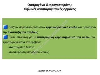 Οιστρογόνα & προγεστερόνη:
θηλυκές αναπαραγωγικές ορμόνες
Παίζουν σημαντικό ρόλο στον εμμηνορρυσιακό κύκλο και προκαλούν
την ανάπτυξη του στήθους
Είναι υπεύθυνη για τα δευτερογενή χαρακτηριστικά του φύλου που
εμφανίζονται κατά την εφηβεία:
- ανεπτυγμένη λεκάνη
- συσσώρευση υποδόριου λίπους
ΒΙΟΛΟΓΙΑ Α' ΛΥΚΕΙΟΥ
Π
ΕΧΤΕΛΙΔΟ
Υ
ΑΝ
ΑΣΤΑΣΙΑ
 