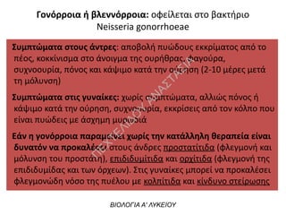 Γονόρροια ή βλεννόρροια: οφείλεται στο βακτήριο
Neisseria gonorrhοeae
ΒΙΟΛΟΓΙΑ Α' ΛΥΚΕΙΟΥ
Συμπτώματα στους άντρες: αποβολή πυώδους εκκρίματος από το
πέος, κοκκίνισμα στο άνοιγμα της ουρήθρας, φαγούρα,
συχνοουρία, πόνος και κάψιμο κατά την ούρηση (2-10 μέρες μετά
τη μόλυνση)
Συμπτώματα στις γυναίκες: χωρίς συμπτώματα, αλλιώς πόνος ή
κάψιμο κατά την ούρηση, συχνοουρία, εκκρίσεις από τον κόλπο που
είναι πυώδεις με άσχημη μυρωδιά
Εάν η γονόρροια παραμείνει χωρίς την κατάλληλη θεραπεία είναι
δυνατόν να προκαλέσει στους άνδρες προστατίτιδα (φλεγμονή και
μόλυνση του προστάτη), επιδιδυμίτιδα και ορχίτιδα (φλεγμονή της
επιδιδυμίδας και των όρχεων). Στις γυναίκες μπορεί να προκαλέσει
φλεγμονώδη νόσο της πυέλου με κολπίτιδα και κίνδυνο στείρωσης
Π
ΕΧΤΕΛΙΔΟ
Υ
ΑΝ
ΑΣΤΑΣΙΑ
 