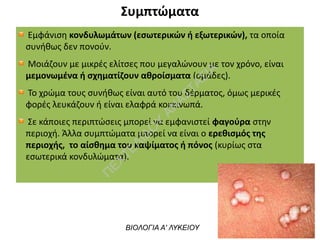 Συμπτώματα
Εμφάνιση κονδυλωμάτων (εσωτερικών ή εξωτερικών), τα οποία
συνήθως δεν πονούν. 
Μοιάζουν με μικρές ελίτσες που μεγαλώνουν με τον χρόνο, είναι
μεμονωμένα ή σχηματίζουν αθροίσματα (ομάδες).
Το χρώμα τους συνήθως είναι αυτό του δέρματος, όμως μερικές
φορές λευκάζουν ή είναι ελαφρά κοκκινωπά.
Σε κάποιες περιπτώσεις μπορεί να εμφανιστεί φαγούρα στην
περιοχή. Άλλα συμπτώματα μπορεί να είναι ο ερεθισμός της
περιοχής,  το αίσθημα του καψίματος ή πόνος (κυρίως στα
εσωτερικά κονδυλώματα).
ΒΙΟΛΟΓΙΑ Α' ΛΥΚΕΙΟΥ
Π
ΕΧΤΕΛΙΔΟ
Υ
ΑΝ
ΑΣΤΑΣΙΑ
 