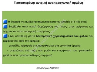 Τεστοστερόνη: αντρική αναπαραγωγική ορμόνη
Η έκκρισή της αυξάνεται σημαντικά κατά την εφηβεία (13-15ο έτος)
Συμβάλλει στην τελική διαμόρφωση του πέους, στην ωρίμανση των
όρχεων και στην παραγωγή σπέρματος
Είναι υπεύθυνη για τα δευτερογενή χαρακτηριστικά του φύλου που
εμφανίζονται κατά την εφηβεία:
- γενειάδα, τριχοφυΐα στις μασχάλες και στα γεννητικά όργανα
- μεγαλύτερη ανάπτυξη των μυών και επιμήκυνση των φωνητικών
χορδών που προκαλεί αλλαγές στη φωνή
ΒΙΟΛΟΓΙΑ Α' ΛΥΚΕΙΟΥ
Π
ΕΧΤΕΛΙΔΟ
Υ
ΑΝ
ΑΣΤΑΣΙΑ
 