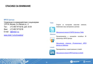 СПАСИБО ЗА ВНИМАНИЕ
19
МРСК Центра
Управление по взаимодействию с акционерами
127018, Москва, 2-я Ямская ул., 4
Тел.: (+7) 495 747 92 92, доб. 33-34
Факс: (+7) 495 747 92 95
E-mail: ir@mrsk-1.ru
www.mrsk-1.ru/ru/investors/
Twitter
Следите за последними новостями компании,
появлением новых материалов и релизов
Официальный аккаунт IR МРСК Центра в Twitter
Slideshare
Просматривайте и скачивайте последние IR-
презентации МРСК Центра
Официальная страница IR-презентаций МРСК
Центра на Slideshare
LinkedIn
Присоединяйтесь к нашей компании в LinkedIn
Официальный аккаунт МРСК Центра в LinkedIn
 
