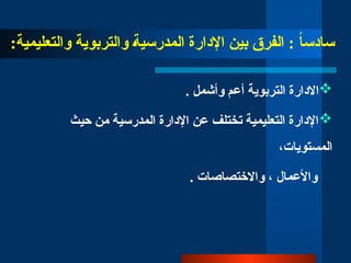 :‫والتعليمية‬ ‫والتربوية‬ ‫المدرسي̀ة‬ ‫اإلدارة‬ ‫بين‬ ‫الفرق‬ : ً
‫ا‬‫سادس‬

. ‫وأشمل‬ ‫أعم‬ ‫التربوية‬ ‫االدارة‬

‫حيث‬ ‫من‬ ‫المدرسية‬ ‫اإلدارة‬ ‫عن‬ ‫تختلف‬ ‫التعليمية‬ ‫اإلدارة‬
،‫المستويات‬
. ‫واالختصاصات‬ ، ‫واألعمال‬
 