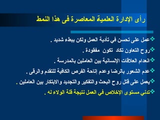‫النمط‬ ‫هذا‬ ‫فى‬ ‫المعاصرة‬ ‫العل̀مي̀ة‬ ‫اإلدارة‬ ‫رأى‬

. ‫شديد‬ ‫ببطء‬ ‫ولكن‬ ‫العمل‬ ‫تأدية‬ ‫في‬ ‫تحسن‬ ‫على‬ ‫عمل‬

‫التعاون‬ ‫روح‬
‫ت‬
‫كاد‬
‫تكون‬
. ‫مفقودة‬

. ‫بالمدرسة‬ ‫العاملين‬ ‫بين‬ ‫اإلنسانية‬ ‫العالقات‬ ‫انعدام‬

. ‫والرقى‬ ‫للتقدم‬ ‫الكافية‬ ‫الفرص‬ ‫إتاحة‬ ‫وعدم‬ ‫بالرضا‬ ‫الشعور‬ ‫عدم‬

‫العاملين‬ ‫بين‬ ‫واالبتكار‬ ‫والتجديد‬ ‫والتفكير‬ ‫البحث‬ ‫روح‬ ‫قتل‬ ‫على‬ ‫يعمل‬
.

. ‫له‬ ‫الوالء‬ ‫قلة‬ ‫نتيجة‬ ‫العمل‬ ‫في‬ ‫اإلخالص‬ ‫مستوى‬ ‫تدني‬
 