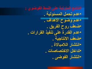 : ‫الفوضوي‬ ‫النمط‬ ‫على‬ ‫المترتبة‬ ‫النتائج‬
•
. ‫المسئولية‬ ‫تحمل‬ ‫عدم‬
•
. ‫األهداف‬ ‫وضوح‬ ‫عدم‬
•
. ‫الفريق‬ ‫روح‬ ‫ضعف‬
•
. ‫القرارات‬ ‫تنفيذ‬ ‫على‬ ‫القدرة‬ ‫عدم‬
•
. ‫االنتاجية‬ ‫ضعف‬
•
. ‫الالمباالة‬ ‫انتشار‬
•
. ‫االختصاصات‬ ‫تداخل‬
•
. ‫الفوضى‬ ‫انتشار‬
 