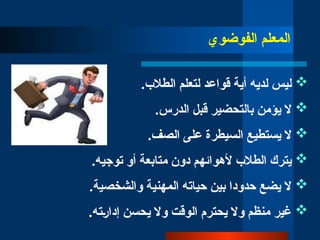 ‫ال‬
‫معلم‬
‫الفوضوي‬

‫لديه‬ ‫ليس‬
‫أي‬
‫ة‬
‫قواعد‬
‫لتعلم‬
‫الطالب‬
.

‫الدرس‬ ‫قبل‬ ‫بالتحضير‬ ‫يؤمن‬ ‫ال‬
.

‫ال‬ ‫على‬ ‫السيطرة‬ ‫يستطيع‬ ‫ال‬
.‫صف‬

‫ألهوائهم‬ ‫الطالب‬ ‫يترك‬
.‫توجيه‬ ‫أو‬ ‫متابعة‬ ‫دون‬

.‫والشخصية‬ ‫المهنية‬ ‫حياته‬ ‫بين‬ ‫حدودا‬ ‫يضع‬ ‫ال‬

.‫إدا̀رته‬ ‫يحسن‬ ‫وال‬ ‫الوقت‬ ‫يحترم‬ ‫وال‬ ‫منظم‬ ‫غير‬
 