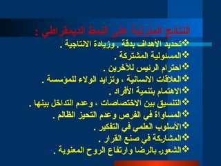 : ‫الديمقراطي‬ ‫النمط‬ ‫على‬ ‫المترتبة‬ ‫النتائج‬

. ‫االنتاجية‬ ‫وزيادة‬ . ‫بدقة‬ ‫األهداف‬ ‫تحديد‬

. ‫المشتركة‬ ‫المسئولية‬

. ‫لآلخرين‬ ‫الرئيس‬ ‫احترام‬

. ‫للمؤسسة‬ ‫الوالء‬ ‫وتزايد‬ ، ‫االنسانية‬ ‫العالقات‬

. ‫األفراد‬ ‫بتنمية‬ ‫االهتمام‬

. ‫بينها‬ ‫التداخل‬ ‫وعدم‬ ، ‫االختصاصات‬ ‫بين‬ ‫التنسيق‬

. ‫الظالم‬ ‫التحيز‬ ‫وعدم‬ ‫الفرص‬ ‫في‬ ‫المساواة‬

. ‫التفكير‬ ‫في‬ ‫العلمي‬ ‫األسلوب‬

. ‫القرار‬ ‫صنع‬ ‫في‬ ‫المشا̀ركة‬

. ‫المعنوية‬ ‫الروح‬ ‫وارتفاع‬ ‫بالرضا‬ ‫الشعو̀ر‬
 