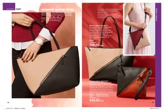 158 159
модний колор-блок
Жіноча сумка «Орнелла»
Матеріали: штучна шкіра (ПВХ),
поліестер, нейлон, залізо;
Розміри: 43х27х11 см; Висота
прорізу ручок: 24 см; Всередині:
1 кишеня на блискавці; На
лицьовій стороні: 1 кишеня на
блискавці; Закривається на
блискавку.
95498
1300,00 грн
749,00 грн
Жіноча сумка «Аделаіда»
Матеріали: штучна шкіра (ПВХ),
поліестер, нейлон, залізо; Розміри:
23х23,5 см; Усередині 1 кишеня
на блискавці; На лицьовій стороні:
1 кишеня на блискавці; Довжина
регульованого плечового ременя:
133,5 см; Закривається на блискавку.
54316	 Бордово-бежева
54217	 Чорно-коричнева
650,00 грн
349,00 грн
•	на дотик, немов натуральна шкіра
•	модний колір в актуальних
відтінках сезону
•	бокова кишеня на блискавці
•	основне відділення на блискавці
•	плечовий ремінь регулюється
СТИЛЬІМОДА
ОДЯГ
201912_EE_11_0088.indd All Pages 22/05/2019 09:57
 