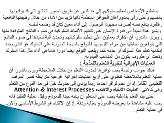 ‫ق‬ ‫ي‬ ‫ال‬ ‫افج‬ ‫الن‬ ‫ور‬ ‫م‬ ‫طريق‬ ‫م‬ ‫مبير‬ ‫د‬ ‫إل‬ ‫م‬ ‫ودوم‬ ‫منظيم‬ ‫اص‬ ‫اوش‬ ‫طيع‬ ‫يم‬
‫ا‬ ‫يولدون‬ ‫د‬
‫وظيف‬ ‫خالل‬ ‫م‬ ‫اوياء‬ ‫م‬ ‫مايد‬ ‫ذاميا‬ ‫المنظمة‬ ‫وافا‬ ‫ال‬ ‫فان‬ ‫باندورا‬ ‫رأي‬ ‫ومد‬ ‫م‬ ‫بأنفم‬
‫الدافعية‬ ‫ا‬
,
‫لنفمه‬ ‫وضعه‬ ‫قد‬ ‫مان‬ ‫معي‬ ‫أياء‬ ‫إل‬ ‫لدوغول‬ ً‫ا‬‫وي‬ ‫مم‬ ‫رف‬ ‫ل‬ ‫نفمه‬ ‫يدفع‬ ‫فالفري‬
.
‫النتائج‬ ‫ضوء‬ ‫في‬ ‫السلوكية‬ ‫األنماط‬ ‫تنظيم‬ ‫على‬ ‫اإلنسان‬ ‫قدرة‬ ‫إلى‬ ‫المبدأ‬ ‫هذا‬ ‫ويشير‬
‫منها‬ ‫المتوقعة‬
,
‫ف‬ ‫تنفيذها‬ ‫آلية‬ ‫وتحديد‬ ‫سلوكياتهم‬ ‫تنظيم‬ ‫على‬ ‫يعملون‬ ‫األفراد‬ ‫أن‬ ‫باندورا‬ ‫ويرى‬
‫النتائج‬ ‫ضوء‬ ‫ي‬
‫الس‬ ‫على‬ ‫المترتبة‬ ‫بالنتيجة‬ ‫فالتوقع‬ ‫بها‬ ‫القيام‬ ‫جراء‬ ‫من‬ ‫تحقيقها‬ ‫يتوقعون‬ ‫التي‬
‫يحدد‬ ‫الذي‬ ‫هو‬ ‫لوك‬
‫الس‬ ‫هذا‬ ‫مثل‬ ‫أداء‬ ‫في‬ ‫هاما‬ ‫دورا‬ ‫أيضا‬ ‫التوقع‬ ‫ويلعب‬ ‫كما‬ ‫عدمه‬ ‫أو‬ ‫السلوك‬ ‫هذا‬ ‫تعلم‬ ‫إمكانية‬
‫لوك‬
‫به‬ ‫القيام‬ ‫المناسب‬ ‫من‬ ‫يكون‬ ‫ظروف‬ ‫أي‬ ‫وتحت‬
.
‫بالنمذجة‬ ‫التعلم‬ ‫لنظرية‬ ‫اإلجرائية‬ ‫العمليات‬
:
‫أ‬ ‫باندورا‬ ‫ويرى‬ ‫المالحظة‬ ‫خالل‬ ‫من‬ ‫التعلم‬ ‫لحدوث‬ ‫توافرها‬ ‫يجب‬ ‫رئيسة‬ ‫جوانب‬ ‫هناك‬
‫ن‬
‫تفسر‬ ‫مترابطة‬ ‫فرعية‬ ‫إجرائية‬ ‫عمليات‬ ‫أربع‬ ‫على‬ ‫تنطوي‬ ‫بالمالحظة‬ ‫التعلم‬ ‫عملية‬
‫الموقف‬
‫الت‬ ‫من‬ ‫النوع‬ ‫هذا‬ ‫في‬ ‫خلل‬ ‫حدوث‬ ‫إلى‬ ‫يؤدي‬ ‫ربما‬ ‫احدها‬ ‫توافر‬ ‫عدم‬ ‫أن‬ ‫إذ‬ ‫الكامل‬ ‫التعليمي‬
‫علم‬
‫كاآلتي‬ ‫وهي‬
:
‫واالهتمام‬ ‫االنتباه‬ ‫عمليات‬
Attention & Interest Processes
‫ع‬ ‫وقبل‬ ‫للنموذج‬ ‫جيدا‬ ‫ينتبه‬ ‫أن‬ ‫المتعلم‬ ‫على‬ ‫يجب‬ ‫بفاعلية‬ ‫التعلم‬ ‫يتم‬ ‫حتى‬
‫فانه‬ ‫التقليد‬ ‫ملية‬
‫و‬ ‫األساسي‬ ‫الشرط‬ ‫هو‬ ‫االنتباه‬ ‫إن‬ ‫إذ‬، ‫ودقة‬ ‫بعناية‬ ‫النموذج‬ ‫يعرضه‬ ‫ما‬ ‫مشاهدة‬ ‫عليه‬ ‫يجب‬
‫األول‬
‫التعلم‬ ‫عملية‬ ‫في‬
.
 
