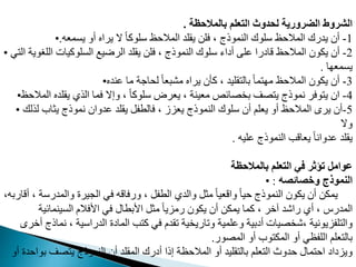 ‫بالمالحظة‬ ‫التعلم‬ ‫لحدوث‬ ‫الضرورية‬ ‫الشروط‬
.
• 1
-
‫يممعه‬ ‫أو‬ ‫يراه‬ ‫ال‬ ً‫ا‬‫ودوم‬ ‫ظ‬ ‫المال‬ ‫يقدد‬ ‫فد‬ ، ‫النموذج‬ ‫ودوك‬ ‫ظ‬ ‫المال‬ ‫يدرك‬ ‫أن‬
.
• 2
-
‫ال‬ ‫الدروية‬ ‫المدوميات‬ ‫الرضيع‬ ‫يقدد‬ ‫فد‬ ، ‫النموذج‬ ‫ودوك‬ ‫أياء‬ ‫مد‬ ‫قايرا‬ ‫ظ‬ ‫المال‬ ‫يدون‬ ‫أن‬
‫ي‬
‫ا‬ ‫يممع‬
.
• 3
-
‫منده‬ ‫ما‬ ‫اجة‬ ‫ل‬ ً‫ا‬‫مشبع‬ ‫يراه‬ ‫مأن‬ ، ‫قديد‬ ‫بال‬ ً‫ا‬‫م‬ ‫م‬ ‫ظ‬ ‫المال‬ ‫يدون‬ ‫أن‬
• 4
-
‫ظ‬ ‫المال‬ ‫يقدده‬ ‫الذي‬ ‫فما‬ ‫وإال‬ ، ً‫ا‬‫ودوم‬ ‫يعرض‬ ، ‫معينة‬ ‫افم‬ ‫ب‬ ‫ت‬ ‫ي‬ ‫نموذج‬ ‫وفر‬ ‫ي‬ ‫ان‬
• 5
-
‫لذلك‬ ‫يثاب‬ ‫نموذج‬ ‫مدوان‬ ‫يقدد‬ ‫فالطفب‬ ، ‫يعاز‬ ‫النموذج‬ ‫ودوك‬ ‫أن‬ ‫يعدم‬ ‫أو‬ ‫ظ‬ ‫المال‬ ‫يرى‬ ‫أن‬
‫وال‬
‫مديه‬ ‫النموذج‬ ‫يعاقب‬ ً‫ا‬‫مدوان‬ ‫يقدد‬
.
‫بالمالحظة‬ ‫التعلم‬ ‫في‬ ‫تؤثر‬ ‫عوامل‬
• ‫وخصائصه‬ ‫النموذج‬
:
‫أن‬ ‫يمد‬
‫النموذج‬ ‫يدون‬
‫والمدر‬ ‫الميرت‬ ‫في‬ ‫ورفاقه‬ ، ‫الطفب‬ ‫والدي‬ ‫مثب‬ ً‫ا‬‫واقعي‬ ً‫ا‬‫ي‬
،‫أقاربه‬ ، ‫وة‬
‫المينمافي‬ ‫اوفال‬ ‫في‬ ‫اوبطال‬ ‫مثب‬ ً‫ا‬‫رماي‬ ‫يدون‬ ‫أن‬ ‫يمد‬ ‫مما‬ ، ‫آخر‬ ‫راشد‬ ‫أي‬ ، ‫المدر‬
‫ة‬
‫ن‬ ، ‫الدراوية‬ ‫المايت‬ ‫ب‬ ‫م‬ ‫في‬ ‫مقد‬ ‫ية‬ ‫وماري‬ ‫ومدمية‬ ‫أيبية‬ ‫يات‬ ‫ش‬، ‫دفايونية‬ ‫وال‬
‫أخرى‬ ‫ماذج‬
‫ور‬ ‫الم‬ ‫أو‬ ‫وب‬ ‫المد‬ ‫أو‬ ‫الدفظي‬ ‫عدم‬ ‫بال‬
.
‫ب‬ ‫ت‬ ‫ي‬ ‫النموذج‬ ‫أن‬ ‫المقدد‬ ‫أيرك‬ ‫إذا‬ ‫ظة‬ ‫المال‬ ‫أو‬ ‫قديد‬ ‫بال‬ ‫عدم‬ ‫ال‬ ‫دوث‬ ‫مال‬ ‫ا‬ ‫وياياي‬
‫أو‬ ‫دت‬ ‫وا‬
 