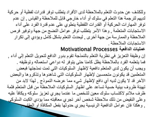 ‫لفظ‬ ‫قدرات‬ ‫موفر‬ ‫طدب‬ ‫ي‬ ‫اوفراي‬ ‫لدى‬ ‫ظة‬ ‫بالمال‬ ‫عدم‬ ‫ال‬ ‫دوث‬ ‫م‬ ‫ولددشت‬
‫رمية‬ ‫أو‬ ‫ية‬
‫والقيا‬ ‫ظة‬ ‫لدمال‬ ‫قابب‬ ‫خارجي‬ ‫أياء‬ ‫أو‬ ‫ودوك‬ ‫في‬ ‫عدم‬ ‫ال‬ ‫هذا‬ ‫رجمة‬ ‫ل‬ ‫م‬ ‫لدي‬
,
‫م‬ ‫إن‬
‫د‬
‫مد‬ ‫الفري‬ ‫قدرت‬ ‫مد‬ ‫مد‬ ‫ينطوي‬ ‫الدفظية‬ ‫القدرات‬ ‫أو‬ ‫رمية‬ ‫ال‬ ‫ارات‬ ‫الم‬ ‫موفر‬
‫أياء‬
‫عدمة‬ ‫الم‬ ‫مابات‬ ‫االو‬
,
‫وموفير‬ ‫ة‬ ‫ج‬ ‫م‬ ‫النضج‬ ‫موامب‬ ‫موفر‬ ‫طدب‬ ‫ي‬ ‫اومر‬ ‫وهذا‬
‫فرص‬
‫أخرى‬ ‫ة‬ ‫ج‬ ‫م‬ ‫والمماروة‬ ‫ظة‬ ‫المال‬
,
‫مدرار‬ ‫إل‬ ‫ويؤيي‬ ‫مامب‬ ‫بشدب‬ ‫عدم‬ ‫ال‬ ‫دث‬ ‫لي‬
‫ظة‬ ‫المال‬ ‫مابات‬ ‫االو‬
.
‫الدافعية‬ ‫عمليات‬
Motivational Processes
‫لتحويل‬ ‫الدافع‬ ‫بدور‬ ‫تقوم‬ ‫بالنمذجة‬ ‫التعلم‬ ‫نظرية‬ ‫في‬ ‫التعزيز‬ ‫وظيفة‬ ‫إن‬
‫أداء‬ ‫إلى‬ ‫التعلم‬
,
‫وت‬ ‫استعماله‬ ‫دواعي‬ ‫له‬ ‫يتوفر‬ ‫حتى‬ ‫كامنا‬ ‫يظل‬ ‫بالمالحظة‬ ‫الفرد‬ ‫يتعلمه‬ ‫فما‬
‫وظيفه‬
.
‫ف‬ ‫نمذجتها‬ ‫تمت‬ ‫التي‬ ‫السلوكيات‬ ‫إلظهار‬ ‫دافعية‬ ‫المتعلم‬ ‫لدى‬ ‫يكون‬ ‫أن‬ ‫ويجب‬
‫بعض‬
‫و‬ ‫وتذكروها‬ ‫شاهدوها‬ ‫التي‬ ‫السلوكيات‬ ‫إلظهار‬ ‫متحمسين‬ ‫يكونون‬ ‫قد‬ ‫المتعلمين‬
‫البعض‬
‫النموذج‬ ‫عرضه‬ ‫مما‬ ‫شيء‬ ‫إلظهار‬ ‫دافع‬ ‫أي‬ ‫لديه‬ ‫يكون‬ ‫ال‬ ‫قد‬ ‫األخر‬
,
‫من‬ ‫البد‬ ‫لهذا‬
‫ا‬ ‫قبل‬ ‫من‬ ‫المالحظة‬ ‫السلوكيات‬ ‫اظهار‬ ‫على‬ ‫تساعد‬ ‫حسية‬ ‫بيئية‬ ‫ظروف‬ ‫تهيئة‬
‫فثمة‬ ‫لمتعلم‬
‫ويك‬ ‫سلوكه‬ ‫تعزيز‬ ‫يجري‬ ‫عندما‬ ‫ما‬ ‫لشخص‬ ‫معين‬ ‫سلوك‬ ‫الكتساب‬ ‫مالئم‬ ‫ظرف‬
‫عليه‬ ‫افأ‬
‫الس‬ ‫الكبت‬ ‫يؤدي‬ ‫مما‬ ‫معاقبته‬ ‫تجري‬ ‫أخر‬ ‫شخص‬ ‫مالحظة‬ ‫ذلك‬ ‫من‬ ‫النقيض‬ ‫وعلى‬
‫لوكي‬
,
‫العقاب‬ ‫او‬ ‫المكافأة‬ ‫بفعل‬ ‫حدوثها‬ ‫يجري‬ ‫الرئيسية‬ ‫الدافعية‬ ‫عوامل‬ ‫فان‬ ‫وهكذا‬
.
 