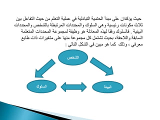‫ا‬ ‫يث‬ ‫م‬ ‫عدم‬ ‫ال‬ ‫ممدية‬ ‫في‬ ‫بايلية‬ ‫ال‬ ‫مية‬ ‫ال‬ ‫مبدأ‬ ‫مد‬ ‫يؤمدان‬ ‫يث‬
‫بي‬ ‫فامب‬ ‫ل‬
‫والم‬ ‫م‬ ‫بالش‬ ‫المرمبطة‬ ‫ديات‬ ‫والم‬ ‫المدوك‬ ‫وهي‬ ‫رفيمية‬ ‫مدونات‬ ‫ثالث‬
‫ديات‬
‫البيئية‬
.
‫الم‬ ‫ديات‬ ‫الم‬ ‫لمممومة‬ ‫وظيفة‬ ‫هو‬ ‫المعايلة‬ ‫ذه‬ ‫ل‬ ‫وفقا‬ ‫فالمدوك‬
‫عدمة‬
‫طاب‬ ‫ذات‬ ‫ريرات‬ ‫م‬ ‫مد‬ ‫ا‬ ‫من‬ ‫مممومة‬ ‫مب‬ ‫مب‬ ‫مش‬ ‫يث‬ ‫ب‬ ،‫قة‬ ‫والال‬ ‫المابقة‬
‫ع‬
‫الي‬ ‫ال‬ ‫الشدب‬ ‫في‬ ‫مبي‬ ‫هو‬ ‫مما‬ ‫وذلك‬ ، ‫معرفي‬
:
‫الشخص‬
‫السلوك‬ ‫البيئة‬
 