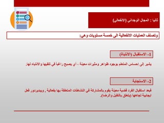 ‫ثانيا‬
:
‫الوجداني‬ ‫المجال‬
(
‫االنفعالي‬
)
‫وتصنف‬
‫االنفعالية‬ ‫العمليات‬
‫الى‬
‫وهي‬ ‫مستويات‬ ‫خمسة‬
:
1
-
‫االستقبال‬
(
‫االنتباة‬
)
‫واالنت‬ ‫تلقيها‬ ‫في‬ ً‫ا‬‫راغب‬ ‫يصبح‬ ‫أي‬ ، ‫معينة‬ ‫ومميرات‬ ‫ظواهر‬ ‫بوجود‬ ‫المتعلم‬ ‫إحساس‬ ‫إلى‬ ‫يشير‬
‫لها‬ ‫باه‬
.
2
-
‫االستجابة‬
‫بفعالية‬ ‫بها‬ ‫المتعلقة‬ ‫النشاطات‬ ‫في‬ ‫بالمشاركة‬ ‫يقوم‬ ‫معينة‬ ‫قضية‬ ‫الفرد‬ ‫استقبال‬ ‫فبعد‬
,
‫و‬
‫فعل‬ ‫يبديردور‬
‫تجاهها‬ ‫ايجابية‬
(
‫والرضا‬ ‫بالتقبل‬ ‫يتعلق‬
.)
 