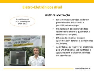 Eletro-Eletrônicos #Fail
                     RAZÕES DE INSATISFAÇÃO
 Era o 6º lugar em          •   Lançamentos esperados ainda tem
2010, subindo para
   3º em 2011.
                                preço elevado, dificultando a
                                possibilidade de compra.
                            •   Produtos com pouca durabilidade
                                levam o consumidor a questionar a
                                seriedade da empresa.
                            •   Dificuldade em obter troca de
                                aparelhos com defeitos e atendimento
                                insuficiente.
                            •   As tentativas de resolver os problemas
                                pelo SAC tradicional são frustradas e
                                agravadas com a falta de habilidade
                                dos atendentes.




                                                   www.elife.com.br
 