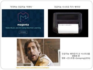 작곡하는 인공지능 ‘마젠타＇ 인공지능 시나리오 작가 ‘벤자민’
인공지능 ‘벤자민’이 쓴 시나리오를
영화화 한
영화 <선스프링>(Sunspring)(2016)
https://www.youtube.com/watch?v=LY7x2Ihqjmc
 
