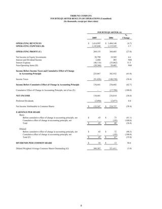 TRIBUNE COMPANY
                                       FOURTH QUARTER RESULTS OF OPERATIONS (Unaudited)
                                                (In thousands, except per share data)




                                                                                        FOURTH QUARTER (A)
                                                                                                                 %
                                                                                 2005             2004         Change

OPERATING REVENUES                                                           $   1,414,995    $ 1,484,148          (4.7)
OPERATING EXPENSES (B)                                                           1,145,840      1,115,545           2.7

OPERATING PROFIT (C)                                                              269,155         368,603         (27.0)

Net Income on Equity Investments                                                    20,790          19,505          6.6
Interest and Dividend Income                                                         2,404             483          NM
Interest Expense                                                                   (46,116)        (35,062)        31.5
Non-Operating Items (D)                                                            (20,366)         29,403          NM

Income Before Income Taxes and Cumulative Effect of Change
   in Accounting Principle                                                        225,867         382,932         (41.0)

Income Taxes                                                                       (91,426)       (148,330)       (38.4)

Income Before Cumulative Effect of Change in Accounting Principle                 134,441         234,602         (42.7)

Cumulative Effect of Change in Accounting Principle, net of tax (E)                     -          (17,788)      (100.0)

NET INCOME                                                                        134,441         216,814         (38.0)

Preferred Dividends                                                                 (2,094)         (2,077)         0.8

Net Income Attributable to Common Shares                                     $    132,347     $   214,737         (38.4)

EARNINGS PER SHARE
  Basic:
     Before cumulative effect of change in accounting principle, net         $          .43   $        .73        (41.1)
     Cumulative effect of change in accounting principle, net                           -             (.05)      (100.0)
     Total                                                                   $          .43   $        .68        (36.8)

   Diluted:
       Before cumulative effect of change in accounting principle, net       $          .43   $        .72        (40.3)
       Cumulative effect of change in accounting principle, net                         -             (.05)      (100.0)
       Total (F)                                                             $          .43   $        .67        (35.8)

DIVIDENDS PER COMMON SHARE                                                   $          .18   $          .12       50.0

Diluted Weighted Average Common Shares Outstanding (G)                            309,307         321,411          (3.8)




                                                                         8
 