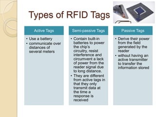 Types of RFID Tags
    Active Tags      Semi-passive Tags          Passive Tags

• Use a battery      • Contain built-in      • Derive their power
• communicate over     batteries to power      from the field
  distances of         the chip’s              generated by the
  several meters       circuitry, resist       reader
                       interference and      • without having an
                       circumvent a lack       active transmitter
                       of power from the       to transfer the
                       reader signal due       information stored
                       to long distance.
                     • They are different
                       from active tags in
                       that they only
                       transmit data at
                       the time a
                       response is
                       received
 