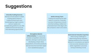 Suggestions
Strengthen Market
Differentiation: To overcome
market competition and entry
barriers, startups must focus on
developing unique value
propositions, innovative products,
and services that set them apart
from established players.
Seek External Valuation Expertise:
When facing challenges in
determining startup valuation,
seeking assistance from financial
advisors or consultants can lead to
more accurate valuations and
better negotiation outcomes
during fundraising rounds.
Diversify Funding Sources:
Startups should explore multiple
funding options beyond
traditional bank loans and
bootstrapping. Angel investors,
venture capital, and
crowdfunding platforms can offer
additional financial resources
and networking opportunities.
Build a Strong Team:
Finding and retaining the right
talent is crucial for a startup's
success. Entrepreneurs should
prioritize building a skilled and
motivated team that aligns with
the company's vision and values.
 