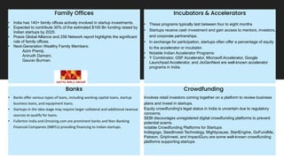 Family Offices
• India has 140+ family offices actively involved in startup investments.
• Expected to contribute 30% of the estimated $100 Bn funding raised by
Indian startups by 2025.
• Praxis Global Alliance and 256 Network report highlights the significant
role of family offices.
• Next-Generation Wealthy Family Members:
Azim Premji,
Anirudh Damani,
Gaurav Burman.
Incubators & Accelerators
• These programs typically last between four to eight months
• Startups receive cash investment and gain access to mentors, investors,
and corporate partnerships.
• In exchange for participation, startups often offer a percentage of equity
to the accelerator or incubator.
• Notable Indian Accelerator Programs:
• Y Combinator, GSF Accelerator, Microsoft Accelerator, Google
Launchpad Accelerator, and JioGenNext are well-known accelerator
programs in India.
Banks
• Banks offer various types of loans, including working capital loans, startup
business loans, and equipment loans.
• Startups in the idea stage may require larger collateral and additional revenue
sources to qualify for loans.
• Fullerton India and Omozing.com are prominent banks and Non-Banking
Financial Companies (NBFCs) providing financing to Indian startups.
Crowdfunding
Involves retail investors coming together on a platform to review business
plans and invest in startups.
Equity crowdfunding's legal status in India is uncertain due to regulatory
concerns.
SEBI discourages unregistered digital crowdfunding platforms to prevent
potential scams.
notable Crowdfunding Platforms for Startups:
Indiegogo, SeedInvest Technology, Mightycause, StartEngine, GoFundMe,
Patreon, GripInvest, and ImpactGuru are some well-known crowdfunding
platforms supporting startups
 