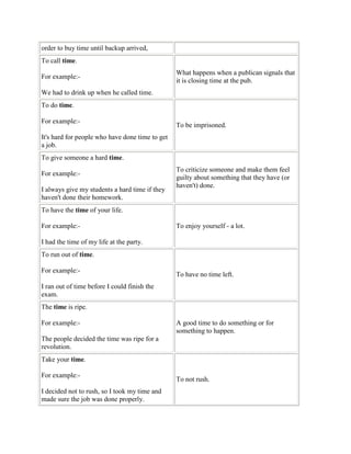 order to buy time until backup arrived,
To call time.
For example:-
We had to drink up when he called time.
What happens when a publican signals that
it is closing time at the pub.
To do time.
For example:-
It's hard for people who have done time to get
a job.
To be imprisoned.
To give someone a hard time.
For example:-
I always give my students a hard time if they
haven't done their homework.
To criticize someone and make them feel
guilty about something that they have (or
haven't) done.
To have the time of your life.
For example:-
I had the time of my life at the party.
To enjoy yourself - a lot.
To run out of time.
For example:-
I ran out of time before I could finish the
exam.
To have no time left.
The time is ripe.
For example:-
The people decided the time was ripe for a
revolution.
A good time to do something or for
something to happen.
Take your time.
For example:-
I decided not to rush, so I took my time and
made sure the job was done properly.
To not rush.
 