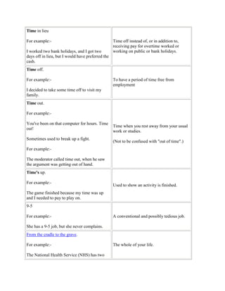 Time in lieu
For example:-
I worked two bank holidays, and I got two
days off in lieu, but I would have preferred the
cash.
Time off instead of, or in addition to,
receiving pay for overtime worked or
working on public or bank holidays.
Time off.
For example:-
I decided to take some time off to visit my
family.
To have a period of time free from
employment
Time out.
For example:-
You've been on that computer for hours. Time
out!
Sometimes used to break up a fight.
For example:-
The moderator called time out, when he saw
the argument was getting out of hand.
Time when you rest away from your usual
work or studies.
(Not to be confused with "out of time".)
Time's up.
For example:-
The game finished because my time was up
and I needed to pay to play on.
Used to show an activity is finished.
9-5
For example:-
She has a 9-5 job, but she never complains.
A conventional and possibly tedious job.
From the cradle to the grave.
For example:-
The National Health Service (NHS) has two
The whole of your life.
 