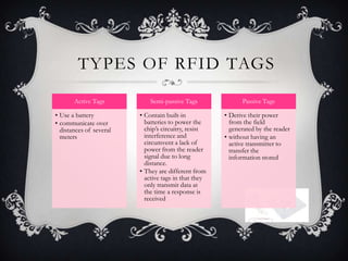 TYPES OF RFID TAGS
       Active Tags           Semi-passive Tags              Passive Tags

• Use a battery          • Contain built-in           • Derive their power
• communicate over         batteries to power the       from the field
  distances of several     chip’s circuitry, resist     generated by the reader
  meters                   interference and           • without having an
                           circumvent a lack of         active transmitter to
                           power from the reader        transfer the
                           signal due to long           information stored
                           distance.
                         • They are different from
                           active tags in that they
                           only transmit data at
                           the time a response is
                           received
 