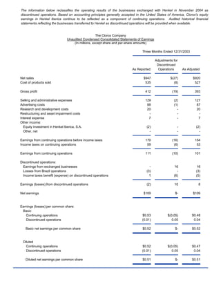 The information below reclassifies the operating results of the businesses exchanged with Henkel in November 2004 as
discontinued operations. Based on accounting principles generally accepted in the United States of America, Clorox's equity
earnings in Henkel Iberica continue to be reflected as a component of continuing operations. Audited historical financial
statements reflecting the businesses transferred to Henkel as discontinued operations will be provided when available.


                                                    The Clorox Company
                                Unaudited Condensed Consolidated Statements of Earnings
                                    (In millions, except share and per-share amounts)

                                                                               Three Months Ended 12/31/2003

                                                                                          Adjustments for
                                                                                           Discontinued
                                                                         As Reported        Operations      As Adjusted

Net sales                                                                       $947                $(27)         $920
Cost of products sold                                                            535                  (8)          527

Gross profit                                                                     412                 (19)          393

Selling and administrative expenses                                              129                  (2)          127
Advertising costs                                                                 88                  (1)           87
Research and development costs                                                    20                    -           20
Restructuring and asset impairment costs                                           -                    -            -
Interest expense                                                                   7                    -            7
Other income:
  Equity investment in Henkel Iberica, S.A.                                       (2)                   -           (2)
  Other, net                                                                        -                   -             -

Earnings from continuing operations before income taxes                          170                 (16)          154
Income taxes on continuing operations                                             59                  (6)           53

Earnings from continuing operations                                              111                 (10)          101

Discontinued operations:
  Earnings from exchanged businesses                                                -                 16            16
  Losses from Brazil operations                                                   (3)                   -           (3)
  Income taxes benefit (expense) on discontinued operations                         1                 (6)           (5)

Earnings (losses) from discontinued operations                                    (2)                 10              8

Net earnings                                                                    $109                   $-         $109



Earnings (losses) per common share:
 Basic
   Continuing operations                                                       $0.53              $(0.05)         $0.48
   Discontinued operations                                                     (0.01)                0.05          0.04

   Basic net earnings per common share                                         $0.52                   $-         $0.52



  Diluted
    Continuing operations                                                      $0.52              $(0.05)         $0.47
    Discontinued operations                                                    (0.01)                0.05          0.04

   Diluted net earnings per common share                                       $0.51                   $-         $0.51
 