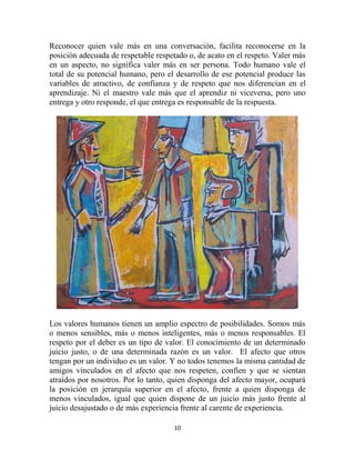 Reconocer quien vale más en una conversación, facilita reconocerse en la
posición adecuada de respetable respetado o, de acato en el respeto. Valer más
en un aspecto, no significa valer más en ser persona. Todo humano vale el
total de su potencial humano, pero el desarrollo de ese potencial produce las
variables de atractivo, de confianza y de respeto que nos diferencian en el
aprendizaje. Ni el maestro vale más que el aprendiz ni viceversa, pero uno
entrega y otro responde, el que entrega es responsable de la respuesta.




Los valores humanos tienen un amplio espectro de posibilidades. Somos más
o menos sensibles, más o menos inteligentes, más o menos responsables. El
respeto por el deber es un tipo de valor. El conocimiento de un determinado
juicio justo, o de una determinada razón es un valor. El afecto que otros
tengan por un individuo es un valor. Y no todos tenemos la misma cantidad de
amigos vinculados en el afecto que nos respeten, confíen y que se sientan
atraídos por nosotros. Por lo tanto, quien disponga del afecto mayor, ocupará
la posición en jerarquía superior en el afecto, frente a quien disponga de
menos vinculados, igual que quien dispone de un juicio más justo frente al
juicio desajustado o de más experiencia frente al carente de experiencia.

                                     10
 