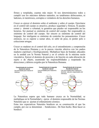firmes y templadas, cuantas más mejor. Si nos determinásemos todos a
cumplir con los máximos deberes naturales, no tendríamos delincuentes, ni
ladrones, ni mentirosos, corruptos o violadores de los derechos humanos.

Crecer es ejercer el dominio sobre el ambiente y sobre el cuerpo. Ejercitarse
en el control del cuerpo es atractivo, produce seguridad y firmeza. Si puedes
comer y dormir a voluntad, te garantiza que puedes ser responsable en los
horarios. Ser puntual es sinónimo de control del cuerpo. Ser responsable es
sinónimo de control del cuerpo. Ser sincero es sinónimo de control del
lenguaje. Ser inteligente es sinónimo de controlar los pensamientos. Crecer
entonces, no es esperar a sumar años, ni subir de peso, ni perder pelo o
coleccionar arrugas.

Crecer es madurar en el control del celo, en el entendimiento y comprensión
de la Naturaleza Humana y en la pureza vincular afectiva con los padres
maduros espiritual y fisiológicamente. Multiplicar hijos de bondad, educados
en la unidad con la Norma Natural y en el criterio de la máxima razón
vinculativa. Ejercer el dominio de posición y de función en cada ubicación de
sujeto o de objeto, asumiendo las responsabilidades y respetando las
direcciones y deberes exigidos por la Naturaleza Humana.




La Naturaleza espera que todo humano crezca en la Normalidad, se
multiplique en la Normalidad y ejerza el dominio responsable de las Normas
Naturales que se ajustan al ordenamiento cósmico.
Estas tres expectativas Naturales bendicen en su construcción al que las
cumple, por eso se denominan - bendiciones-. De bien hecho. Bien hacer es
bendecir.



                                     252
 